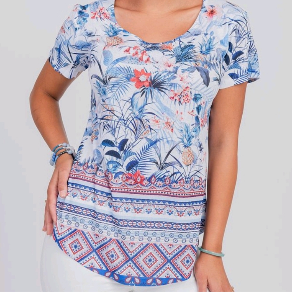 Energe Blue Tropical Floral Short Sleeve Tee Size Large